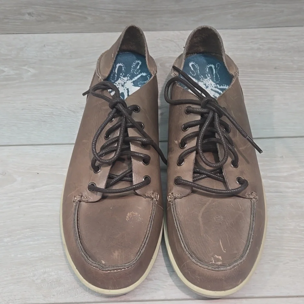 Olukai Men's Nalukai Brown Boat Shoes Oxford Sneakers Leather Shoes Sz 10